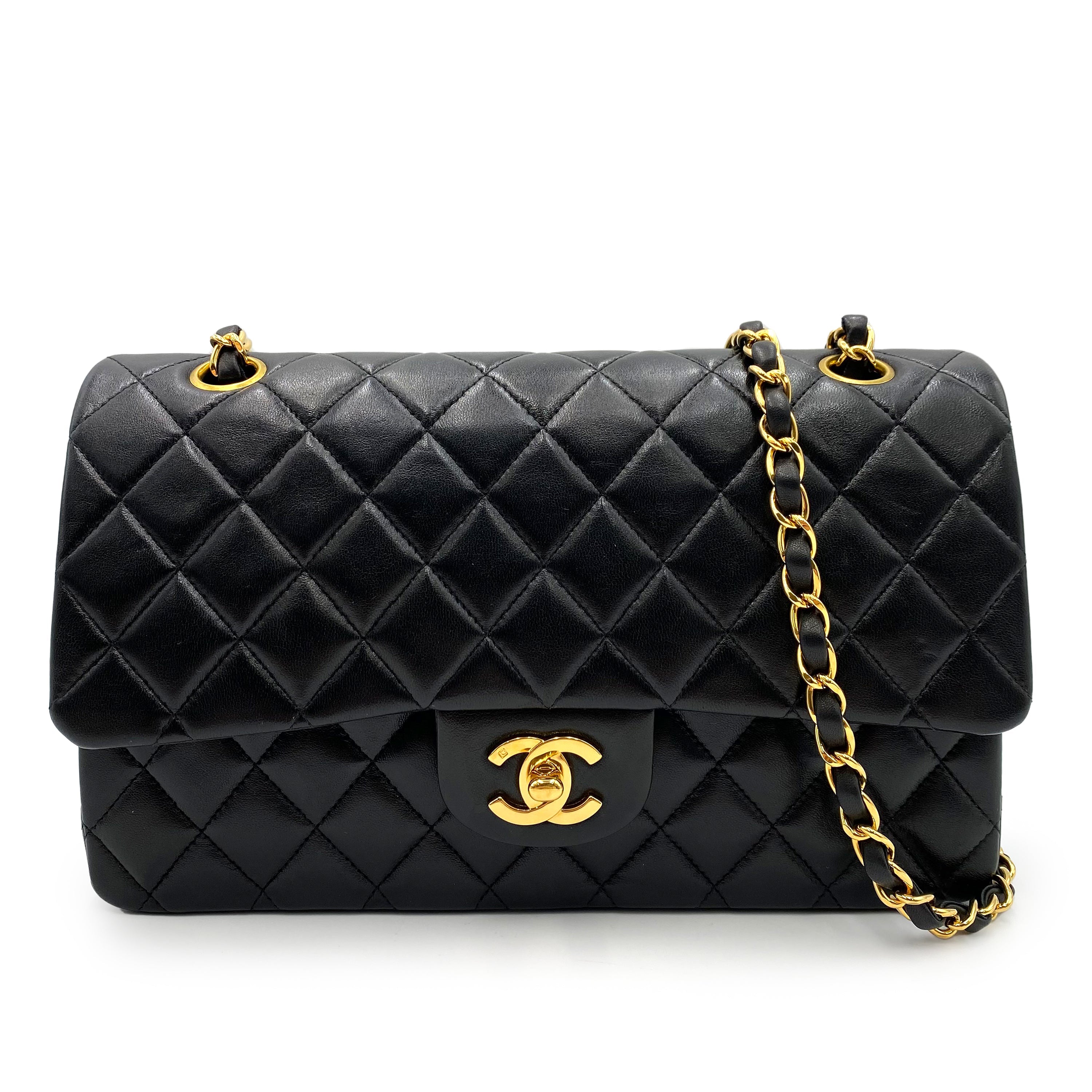 Luxury Promise Japan CHANEL VINTAGE CLASSIC FLAP MEDIUM CHAIN SHOULDER BAG BLACK LAMB SKIN 90238535