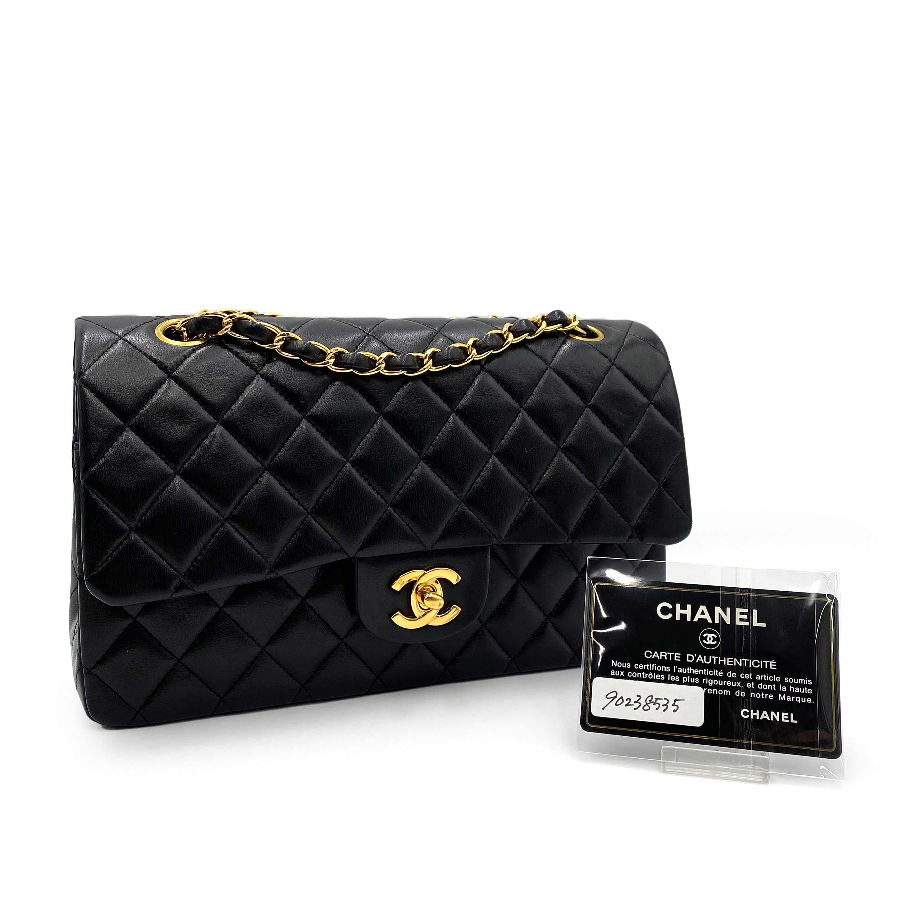 Luxury Promise Japan CHANEL VINTAGE CLASSIC FLAP MEDIUM CHAIN SHOULDER BAG BLACK LAMB SKIN 90238535