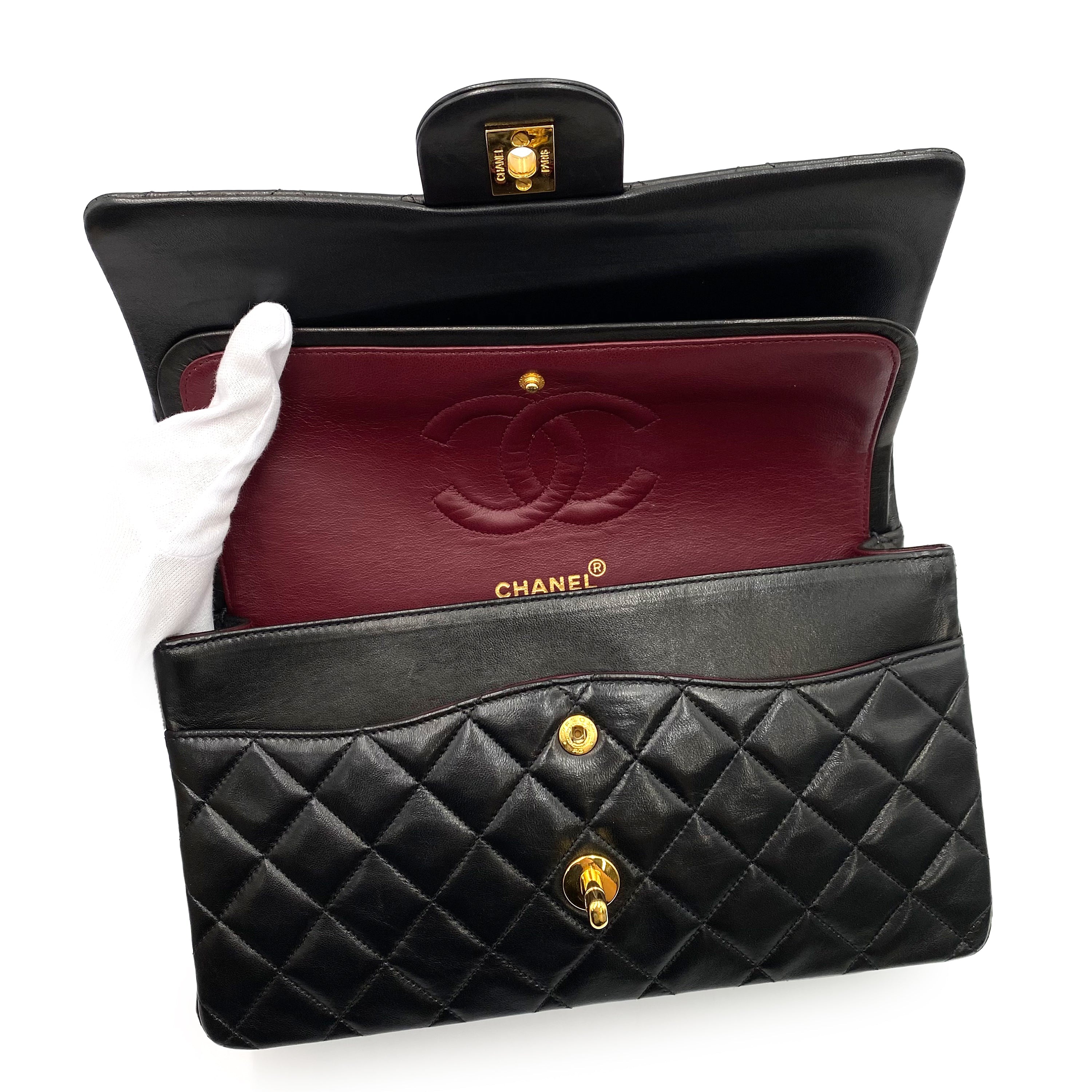 Luxury Promise Japan CHANEL VINTAGE CLASSIC FLAP MEDIUM CHAIN SHOULDER BAG BLACK LAMB SKIN 90239093