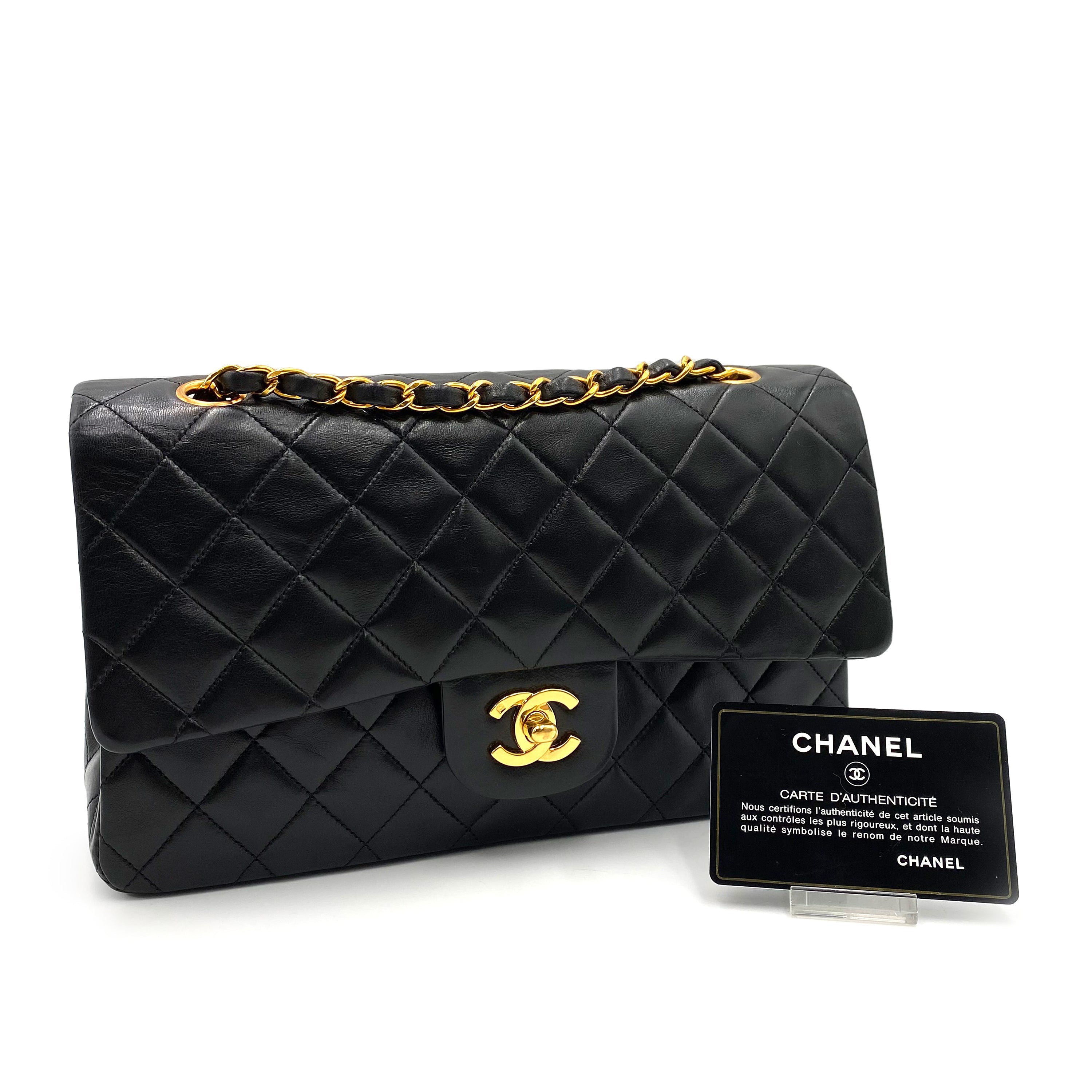 Luxury Promise Japan CHANEL VINTAGE CLASSIC FLAP MEDIUM CHAIN SHOULDER BAG BLACK LAMB SKIN 90239093