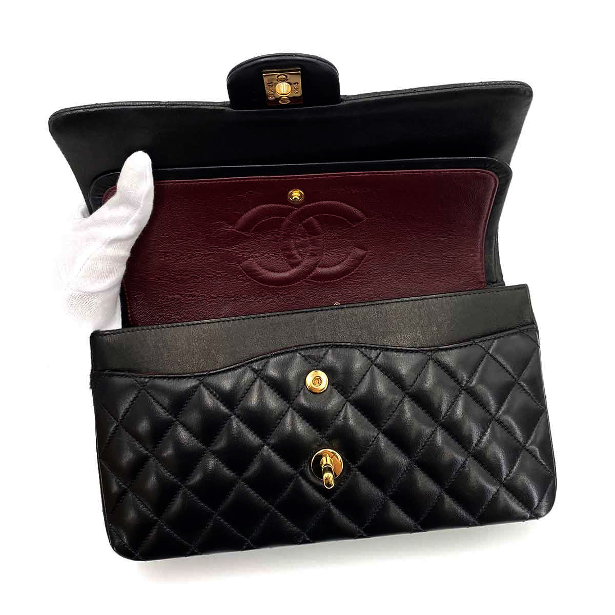 Luxury Promise Japan CHANEL VINTAGE CLASSIC FLAP MEDIUM CHAIN SHOULDER BAG BLACK LAMB SKIN 90241294