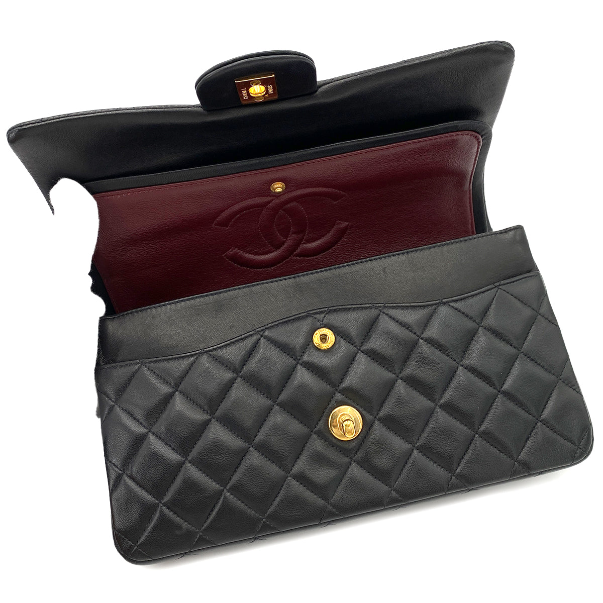 Luxury Promise Japan CHANEL VINTAGE CLASSIC FLAP MEDIUM CHAIN SHOULDER BAG BLACK LAMB SKIN 90243556