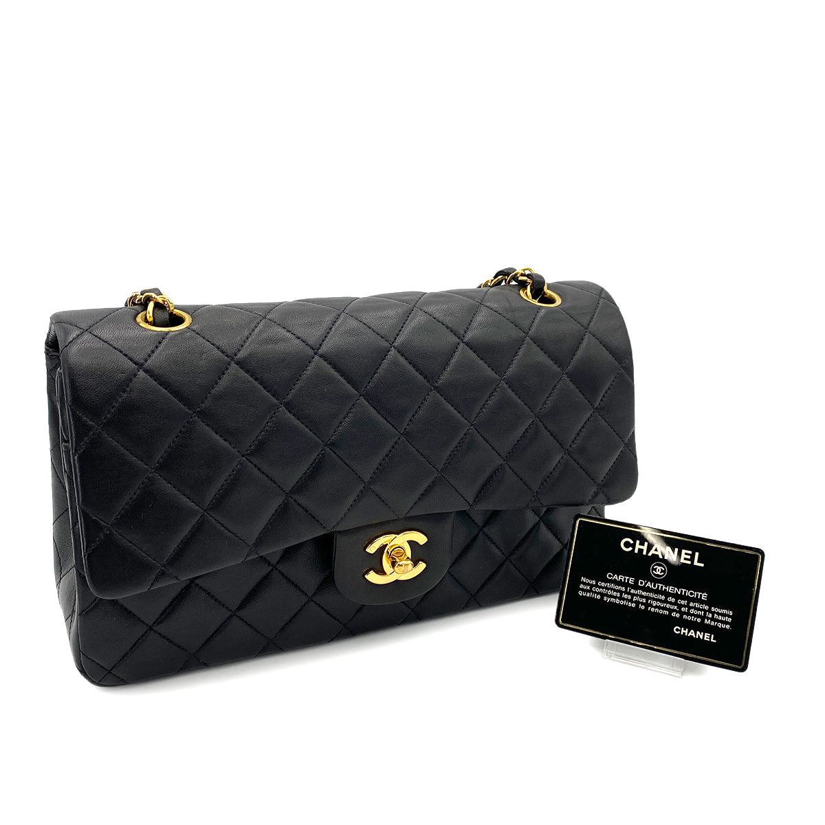 Luxury Promise Japan CHANEL VINTAGE CLASSIC FLAP MEDIUM CHAIN SHOULDER BAG BLACK LAMB SKIN 90243556