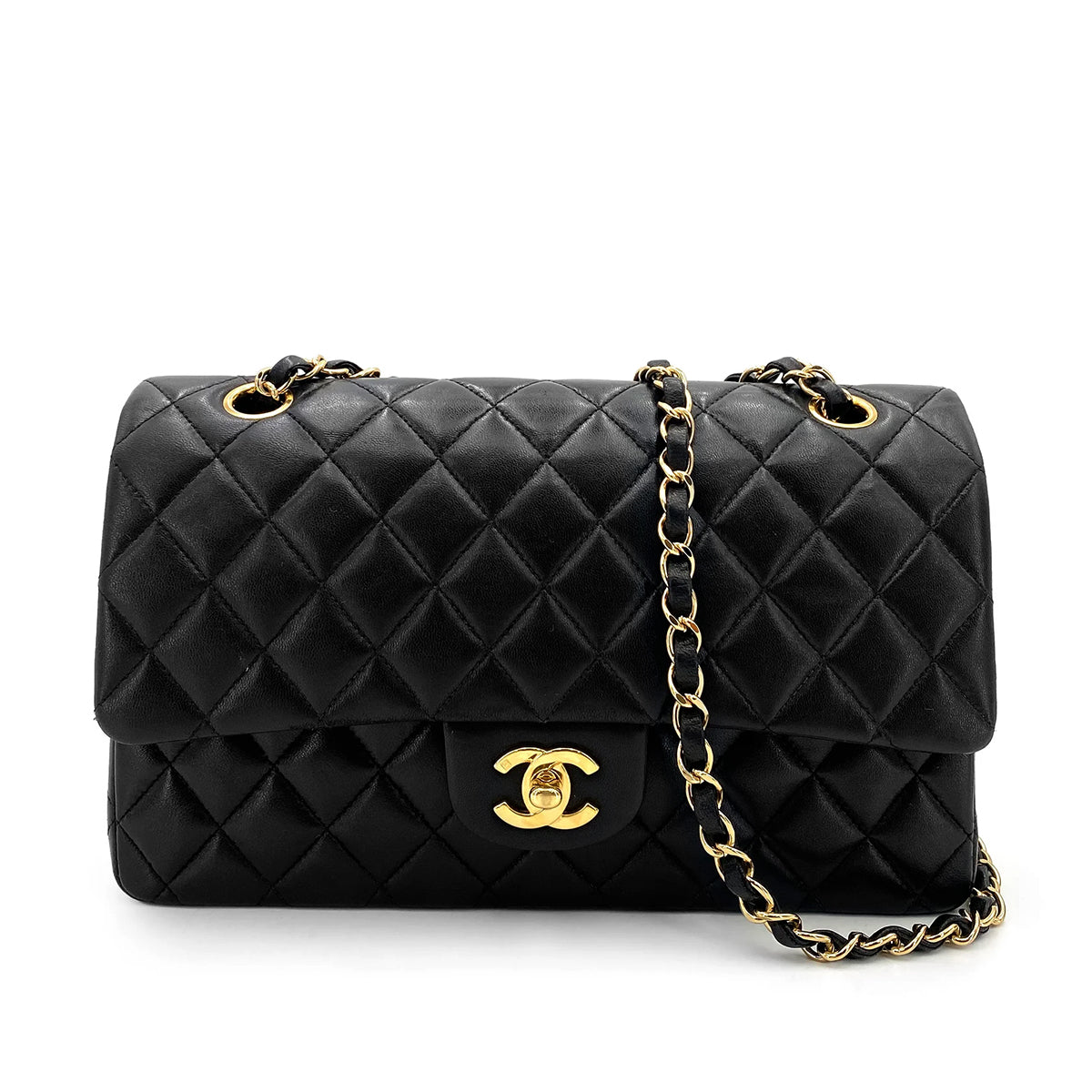 Luxury Promise Japan CHANEL VINTAGE CLASSIC FLAP MEDIUM CHAIN SHOULDER BAG BLACK LAMB SKIN 90250292