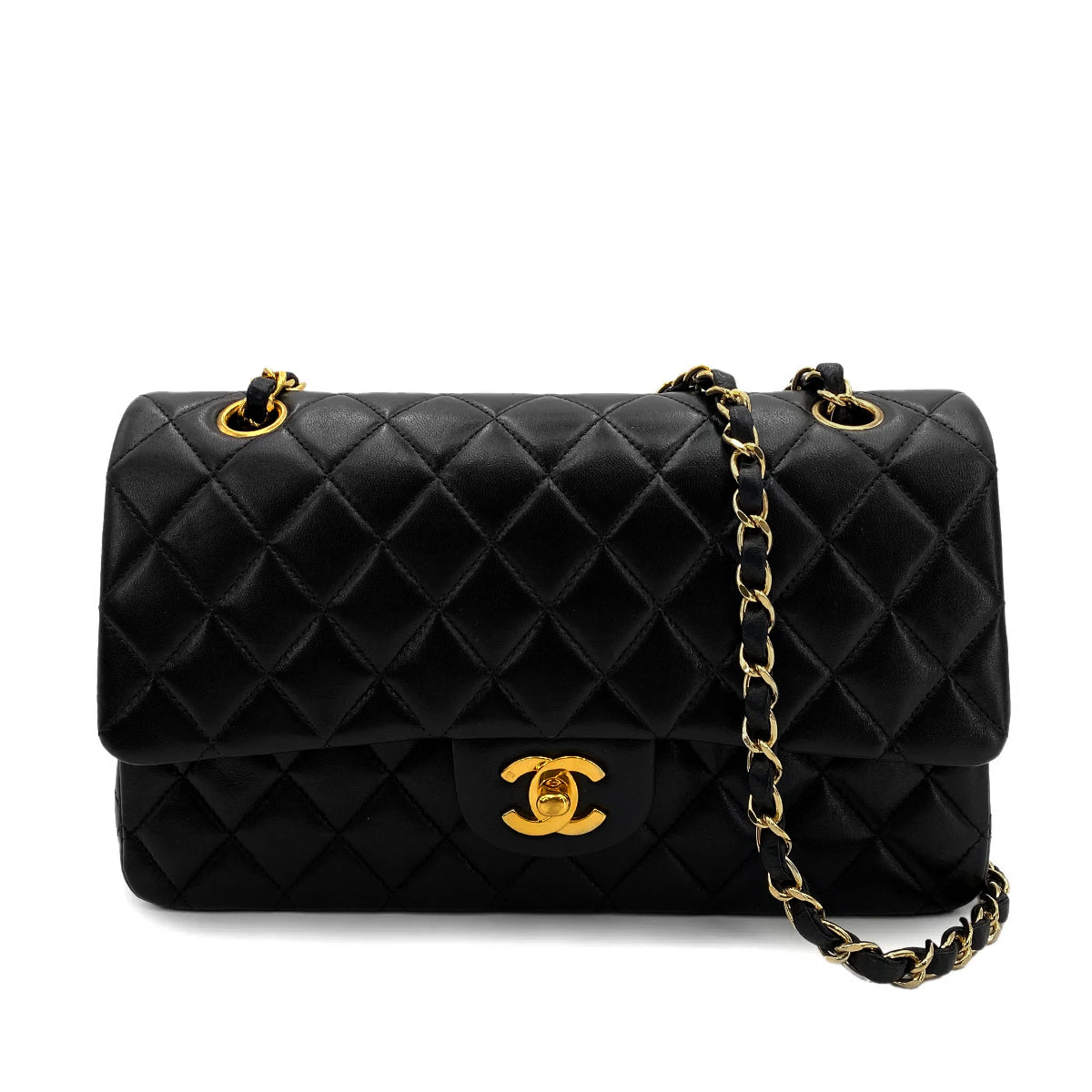 Luxury Promise Japan CHANEL VINTAGE CLASSIC FLAP MEDIUM CHAIN SHOULDER BAG BLACK LAMB SKIN 90250297