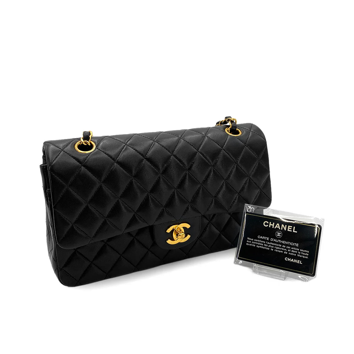 Luxury Promise Japan CHANEL VINTAGE CLASSIC FLAP MEDIUM CHAIN SHOULDER BAG BLACK LAMB SKIN 90250297