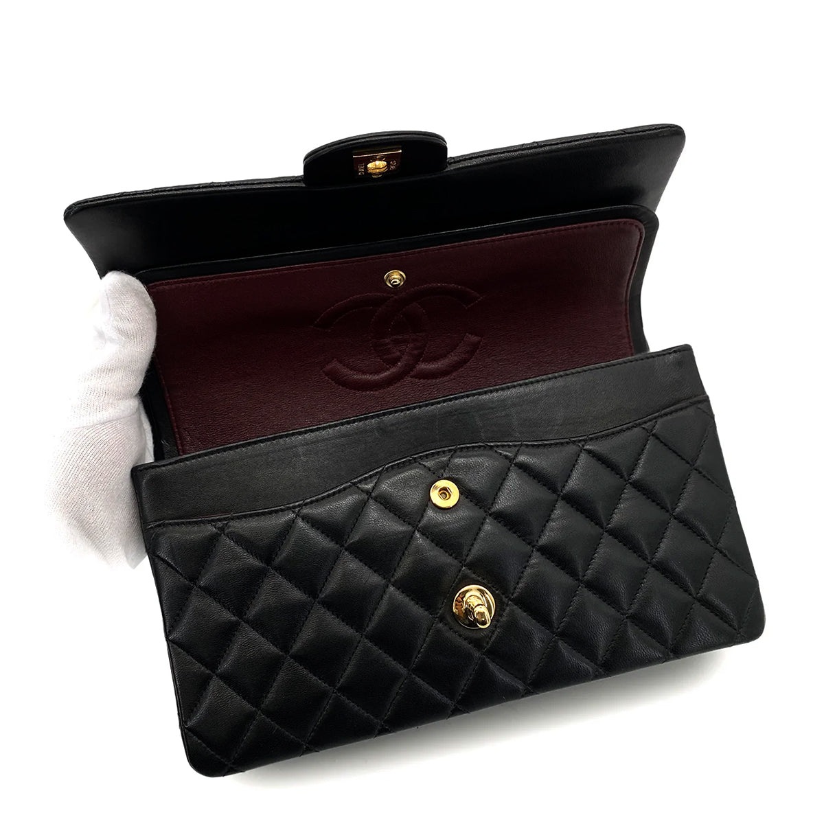 Luxury Promise Japan CHANEL VINTAGE CLASSIC FLAP MEDIUM CHAIN SHOULDER BAG BLACK LAMB SKIN 90256421