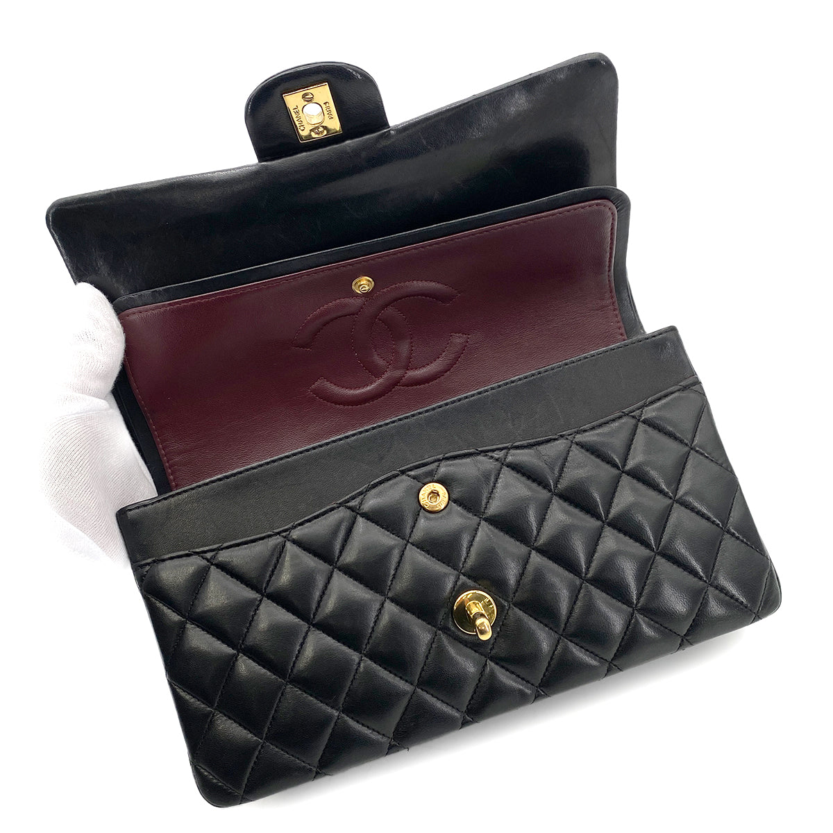 Luxury Promise Japan CHANEL VINTAGE CLASSIC FLAP MEDIUM CHAIN SHOULDER BAG BLACK LAMB SKIN 90259135