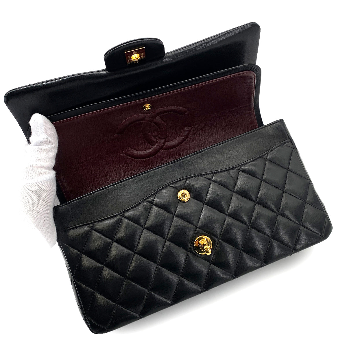 Luxury Promise Japan CHANEL VINTAGE CLASSIC FLAP MEDIUM CHAIN SHOULDER BAG BLACK LAMB SKIN 90264370