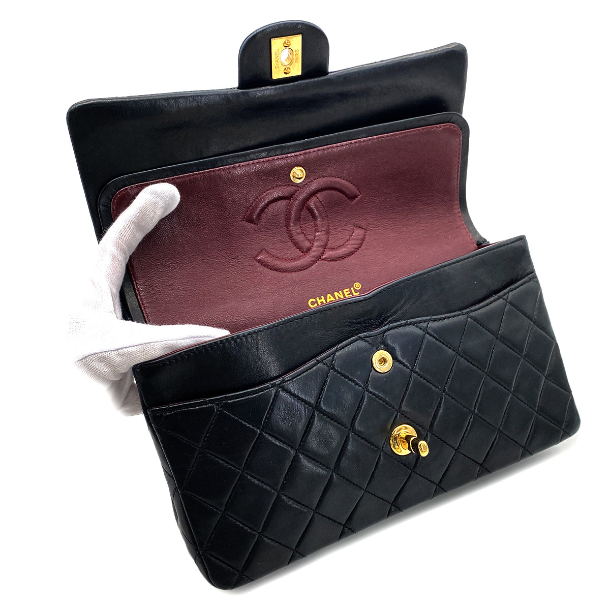 Luxury Promise Japan CHANEL VINTAGE CLASSIC FLAP MEDIUM CHAIN SHOULDER BAG BLACK LAMB SKIN  90268185