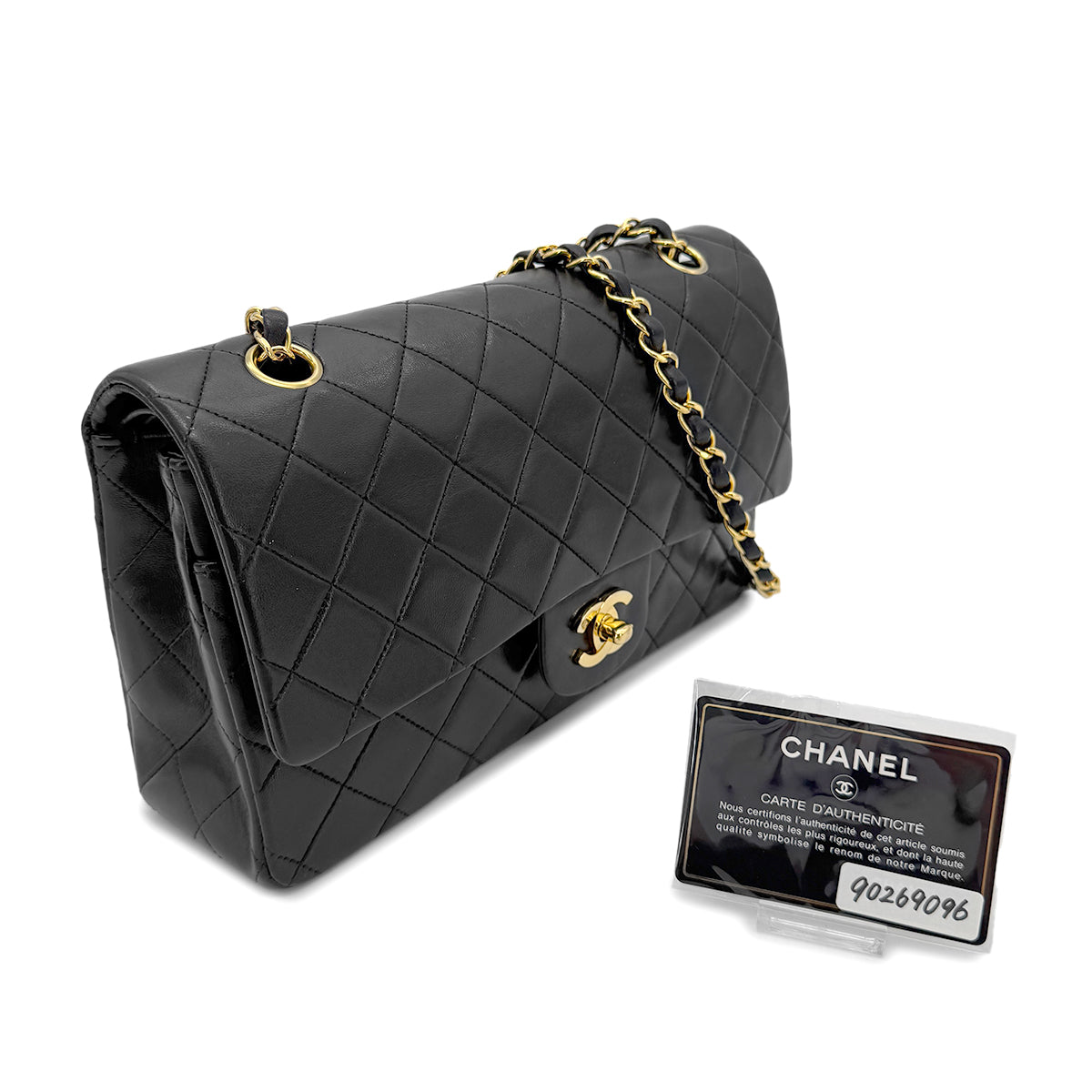 Luxury Promise Japan CHANEL VINTAGE CLASSIC FLAP MEDIUM CHAIN SHOULDER BAG BLACK LAMB SKIN 90269096