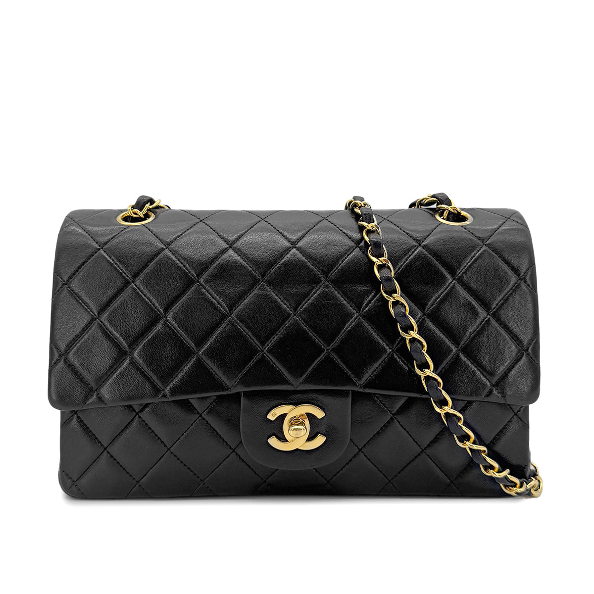 Luxury Promise Japan CHANEL VINTAGE CLASSIC FLAP MEDIUM CHAIN SHOULDER BAG BLACK LAMB SKIN 90269096