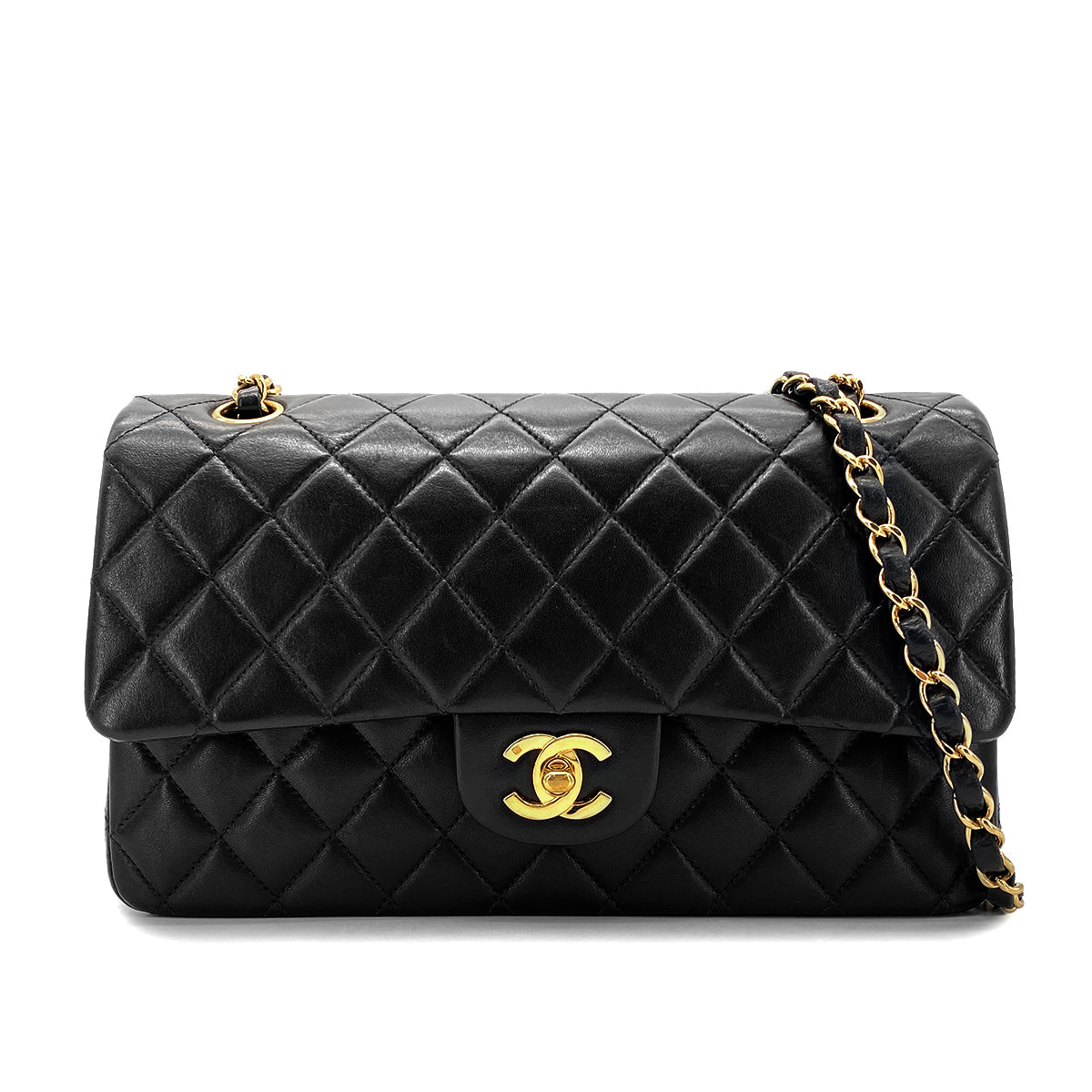 Luxury Promise Japan CHANEL VINTAGE CLASSIC FLAP MEDIUM CHAIN SHOULDER BAG BLACK LAMB SKIN 90270796