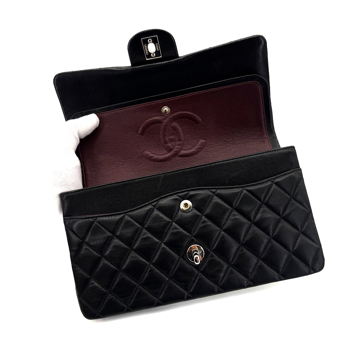 Luxury Promise Japan CHANEL VINTAGE CLASSIC FLAP MEDIUM CHAIN SHOULDER BAG BLACK LAMB SKIN 90288496
