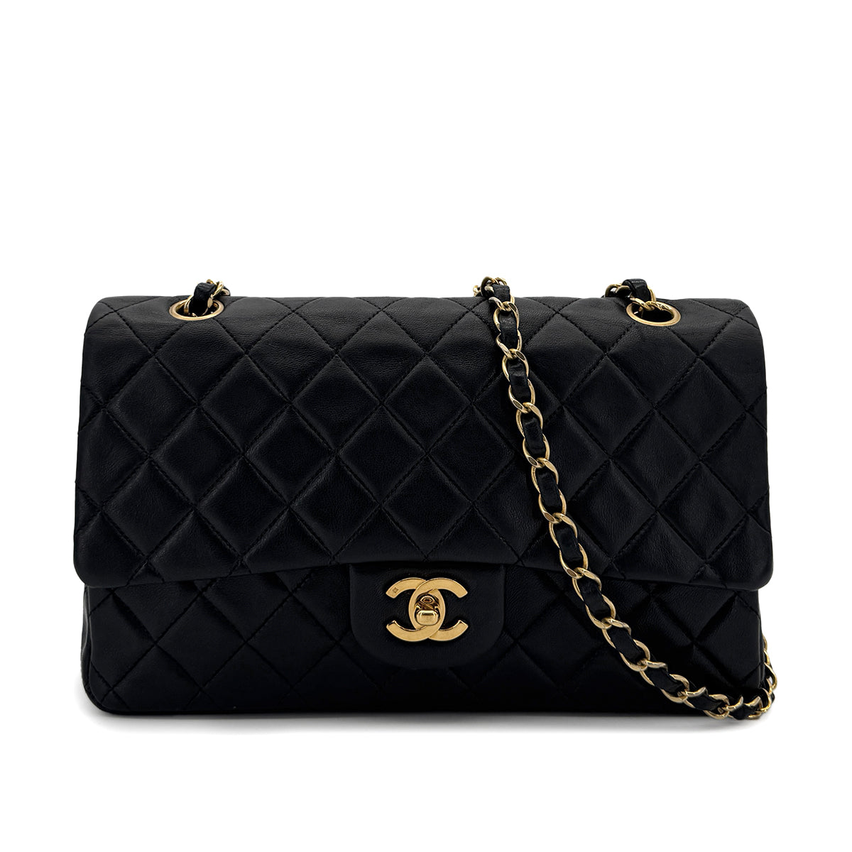 Luxury Promise Japan CHANEL VINTAGE CLASSIC FLAP MEDIUM CHAIN SHOULDER BAG BLACK LAMB SKIN 90298166