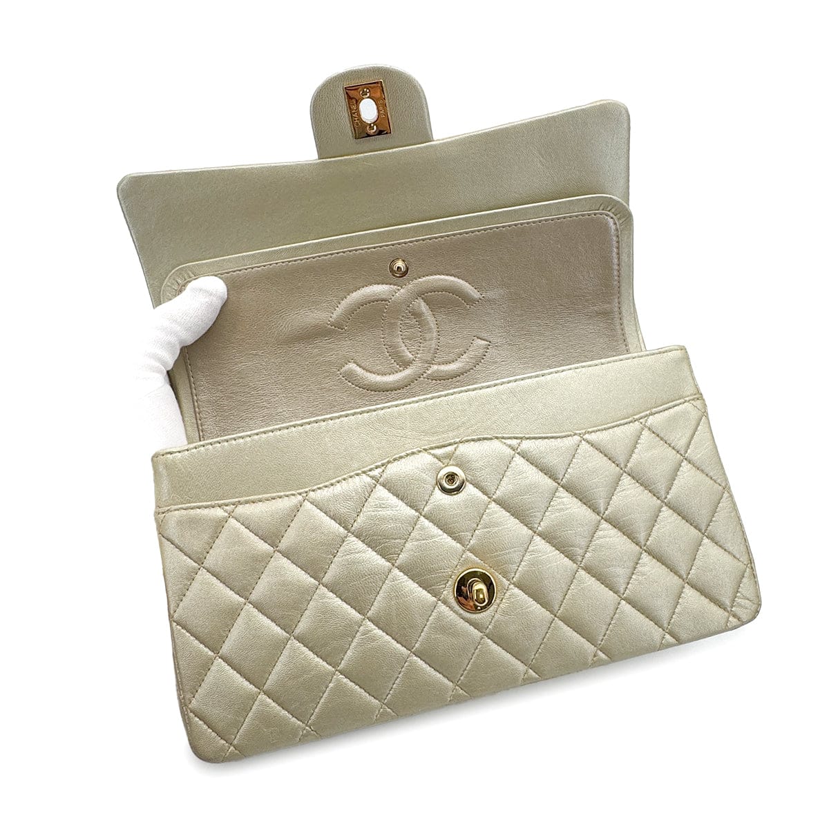 Luxury Promise Japan CHANEL VINTAGE CLASSIC FLAP MEDIUM CHAIN SHOULDER BAG CHAMPAGNE GOLD LAMB SKIN 90308265