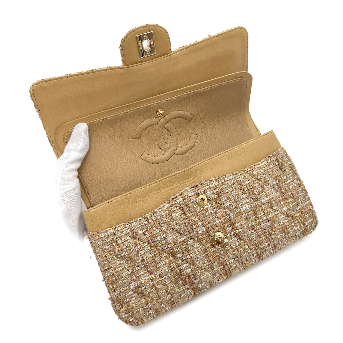 Luxury Promise Japan CHANEL VINTAGE CLASSIC FLAP MEDIUM CHAIN SHOULDER BAG GOLD TWEED 90302900
