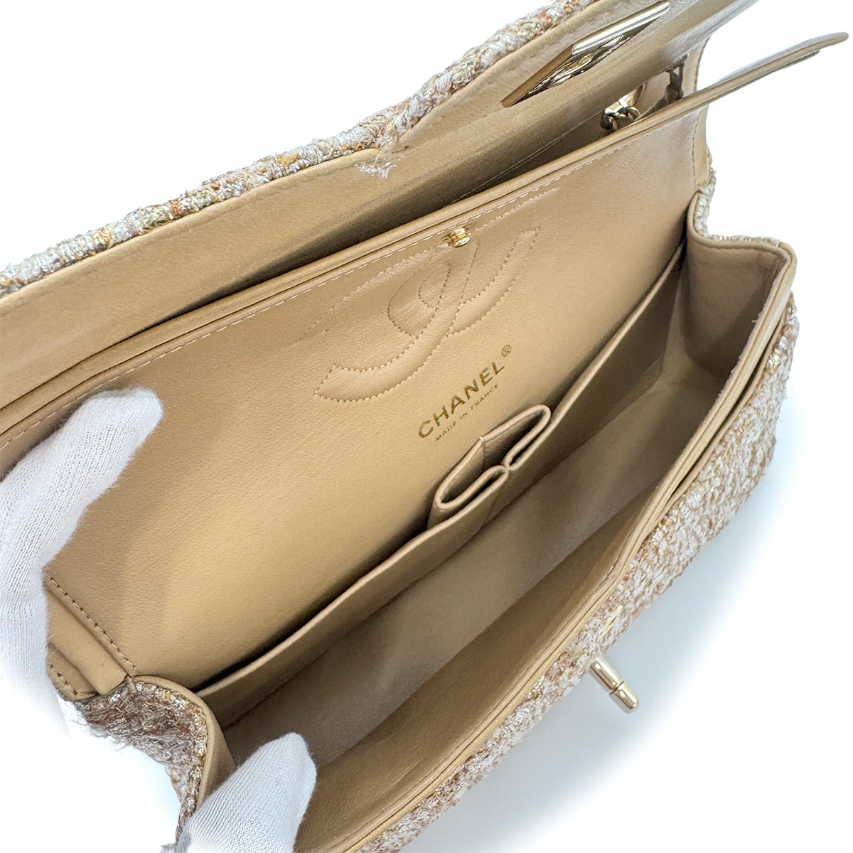 Luxury Promise Japan CHANEL VINTAGE CLASSIC FLAP MEDIUM CHAIN SHOULDER BAG GOLD TWEED 90302900