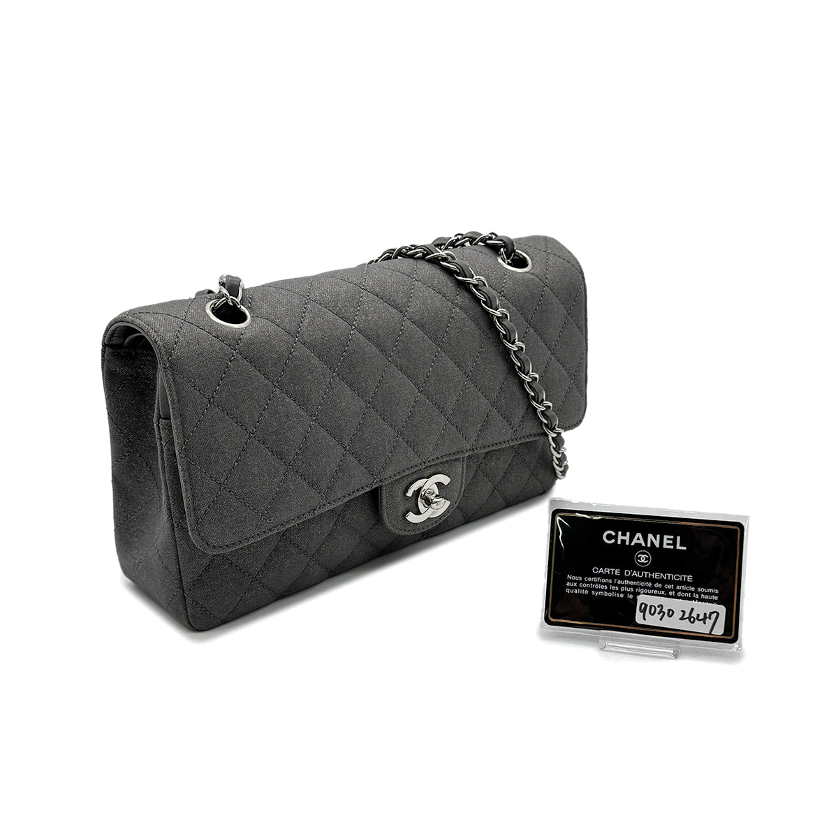 Luxury Promise Japan CHANEL VINTAGE CLASSIC FLAP MEDIUM CHAIN SHOULDER BAG GRAY CANVAS 90302647