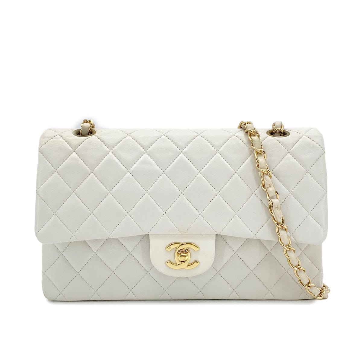 Luxury Promise Japan CHANEL VINTAGE CLASSIC FLAP MEDIUM CHAIN SHOULDER BAG WHITE LAMB SKIN 90299560