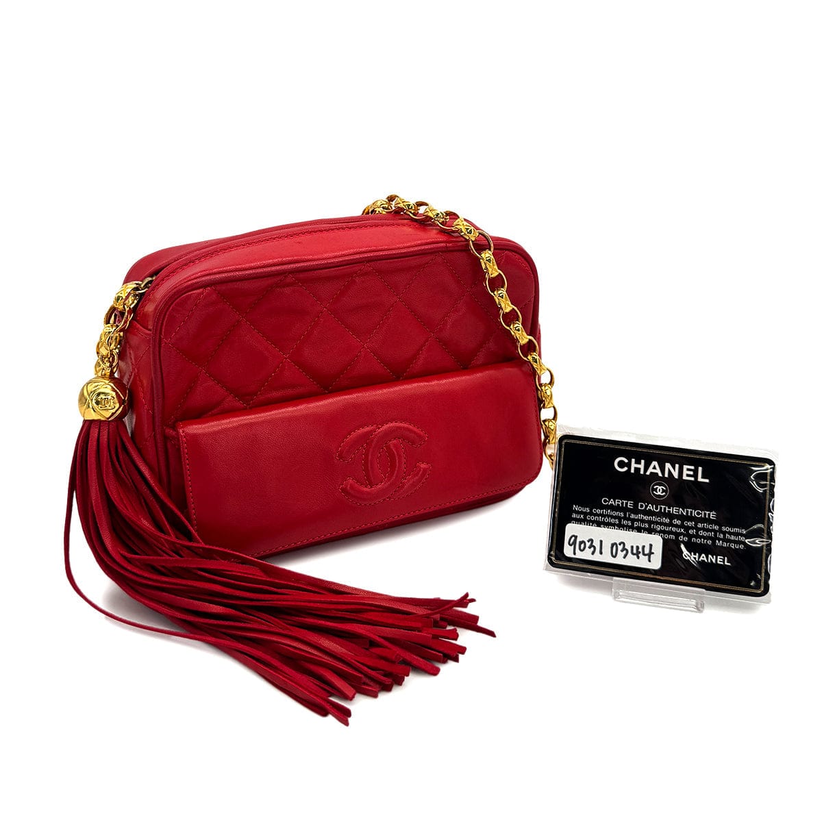 Luxury Promise Japan CHANEL VINTAGE COCO BALL MATELASSE BIJOU CHAIN SHOULDER BAG FRINGE RED LAMB SKIN 90310344