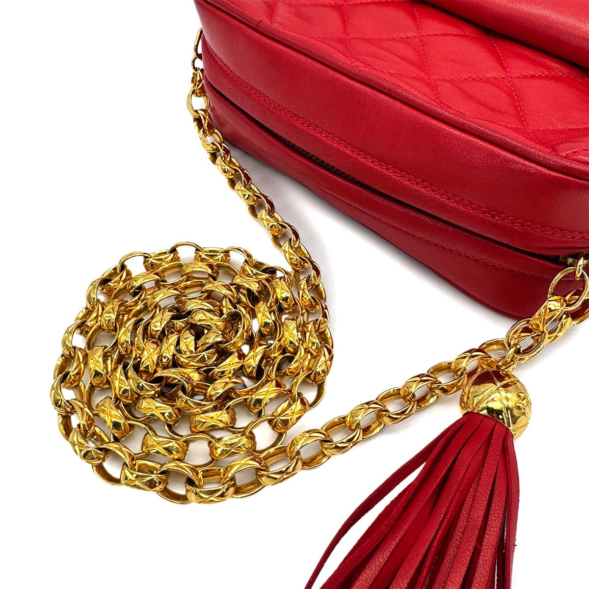 Luxury Promise Japan CHANEL VINTAGE COCO BALL MATELASSE BIJOU CHAIN SHOULDER BAG FRINGE RED LAMB SKIN 90310344