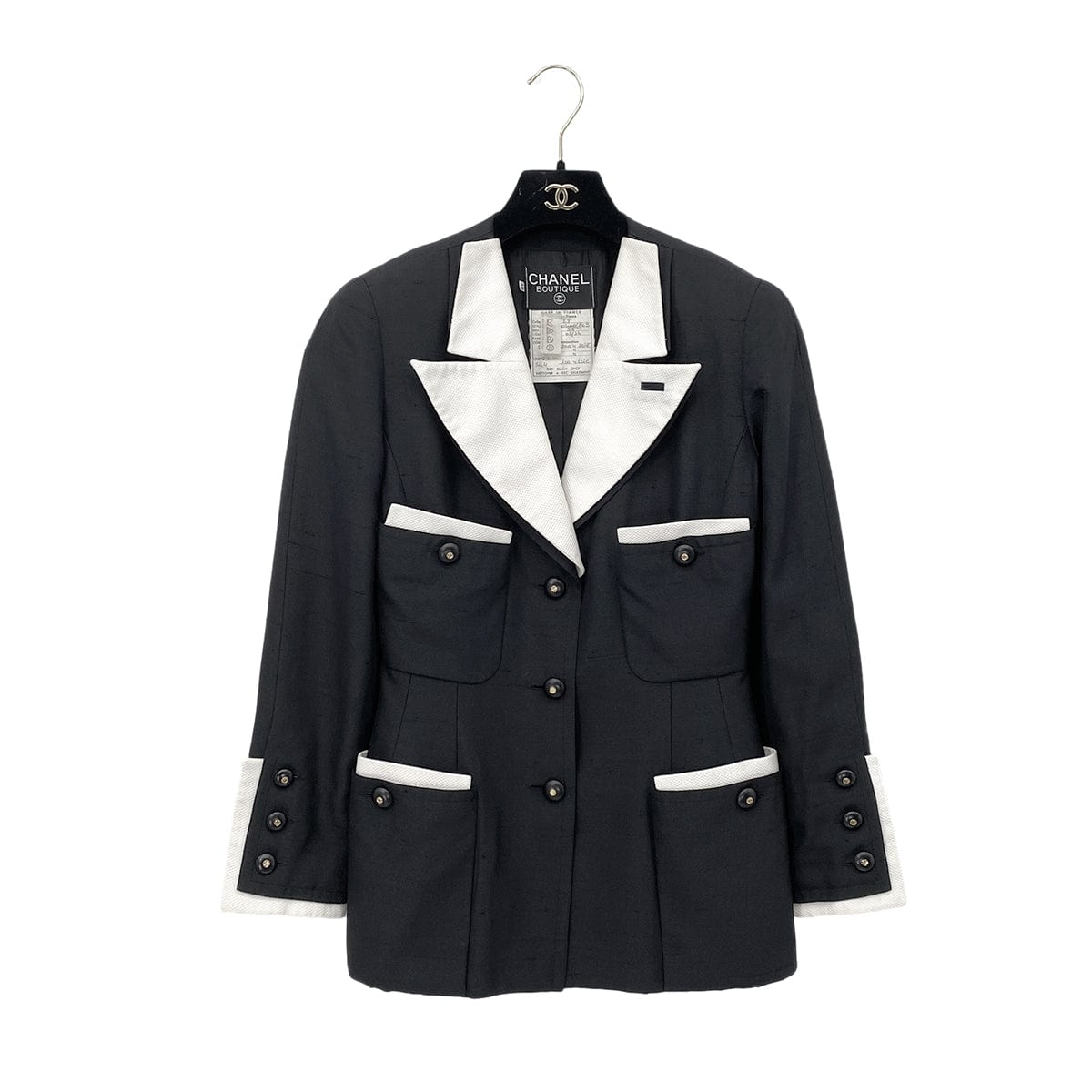 Luxury Promise Japan CHANEL VINTAGE COCO BUTTON BICOLOR JACKET BLACK WHITE SILK 38 RTW 90286906