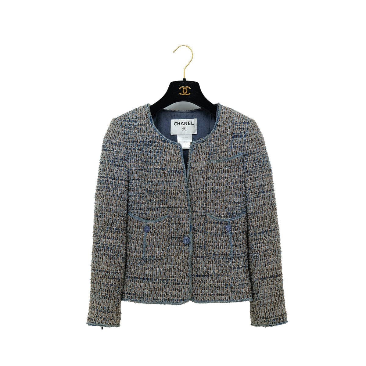 Luxury Promise Japan CHANEL VINTAGE COCO BUTTON DENIM TWEED JACKET BLUE GRAY COTTON 38 03P RTW 90313368