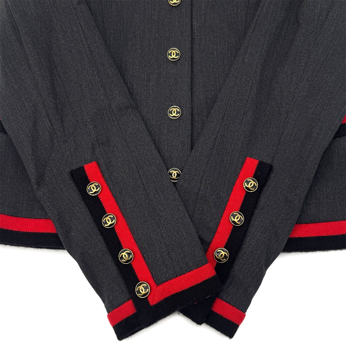 Luxury Promise Japan CHANEL VINTAGE COCO BUTTON JACKET SKIRT SET GRAY RED WOOL 40 94A RTW 90283647