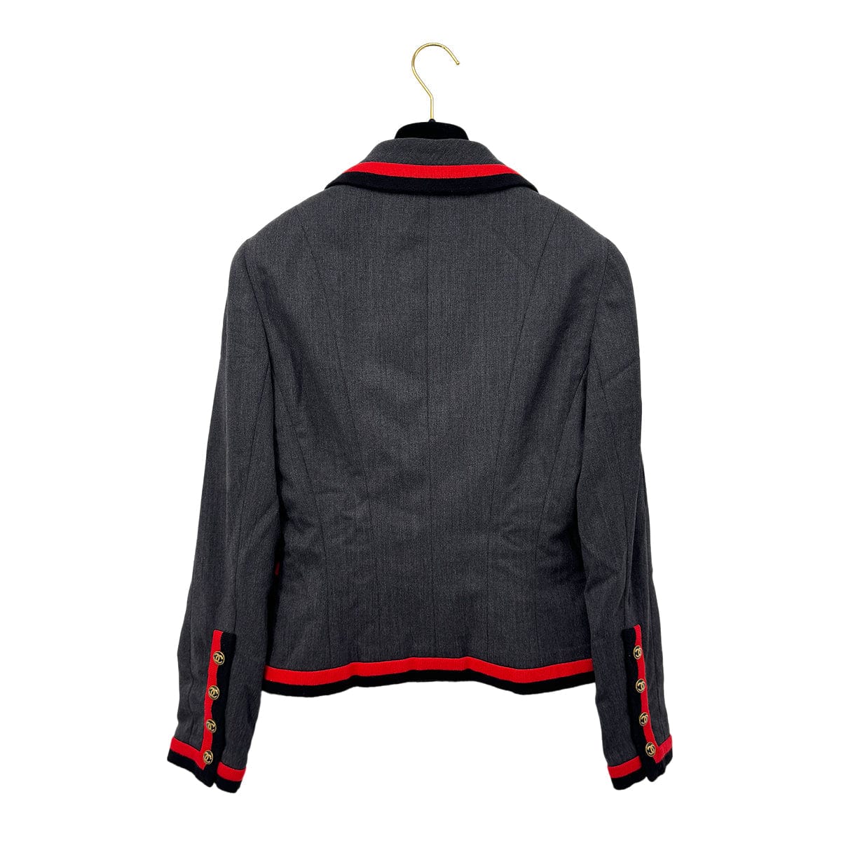 Luxury Promise Japan CHANEL VINTAGE COCO BUTTON JACKET SKIRT SET GRAY RED WOOL 40 94A RTW 90283647