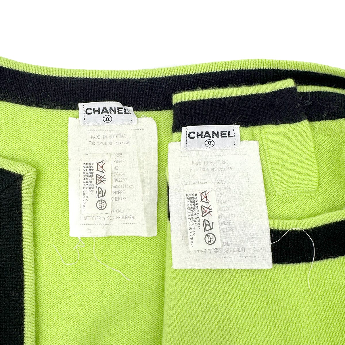 Luxury Promise Japan CHANEL VINTAGE COCO BUTTON KNIT TOPS CARDIGAN SET YELLOW BLACK CASHMERE 42 P04 RTW 90283633