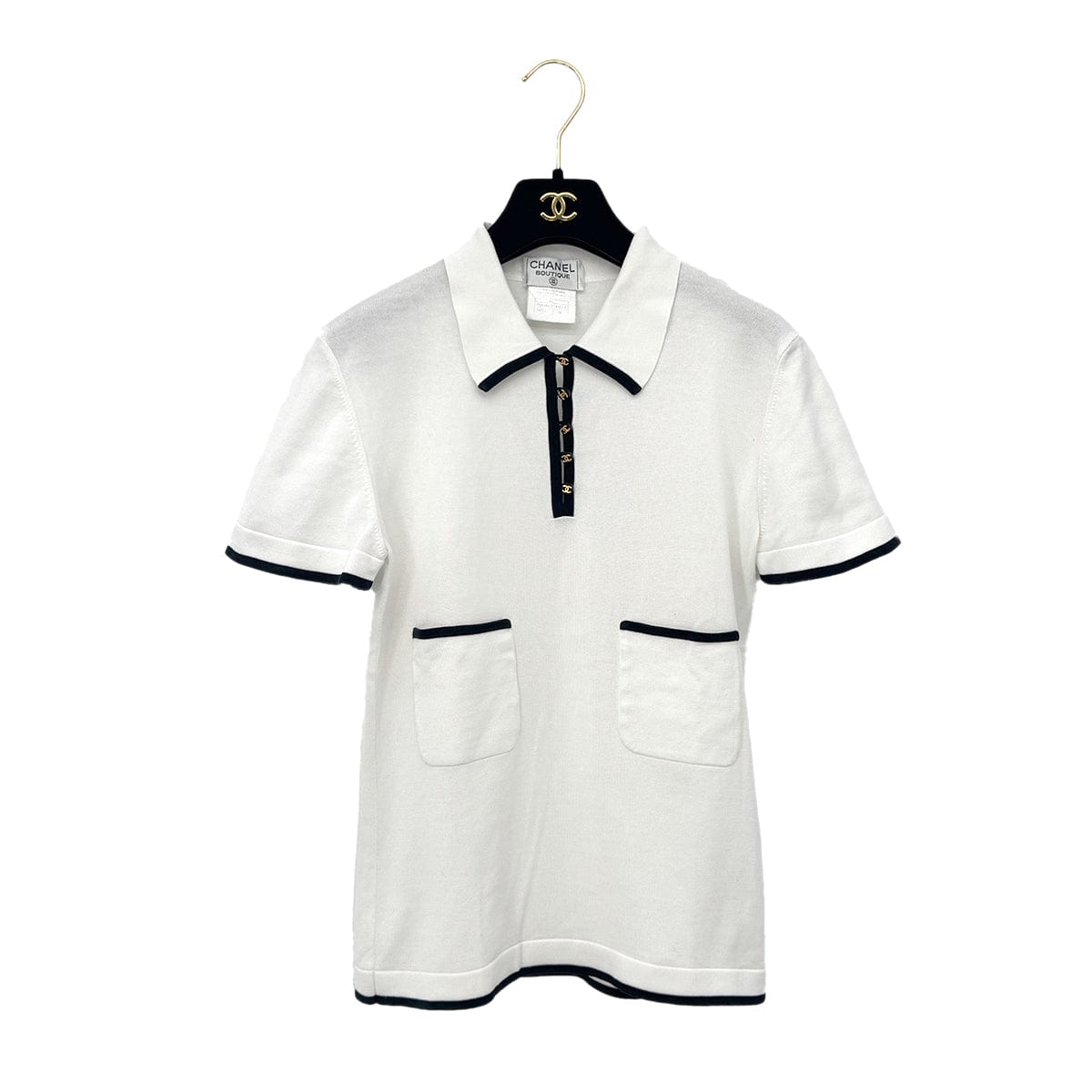 Luxury Promise Japan CHANEL VINTAGE COCOBUTTON BICOLOR POLO SHIRT WHITE BLACK COTTON 38 96C RTW 90290210