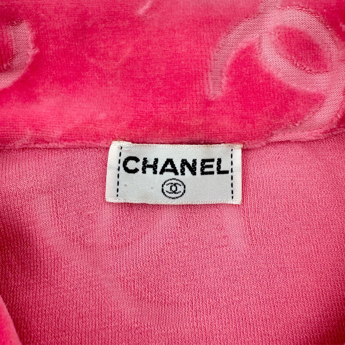 Luxury Promise Japan CHANEL VINTAGE COCOMARK VELOR SHORT SLEEVE TOPS COCO BUTTON PINK COTTON RTW 90295133