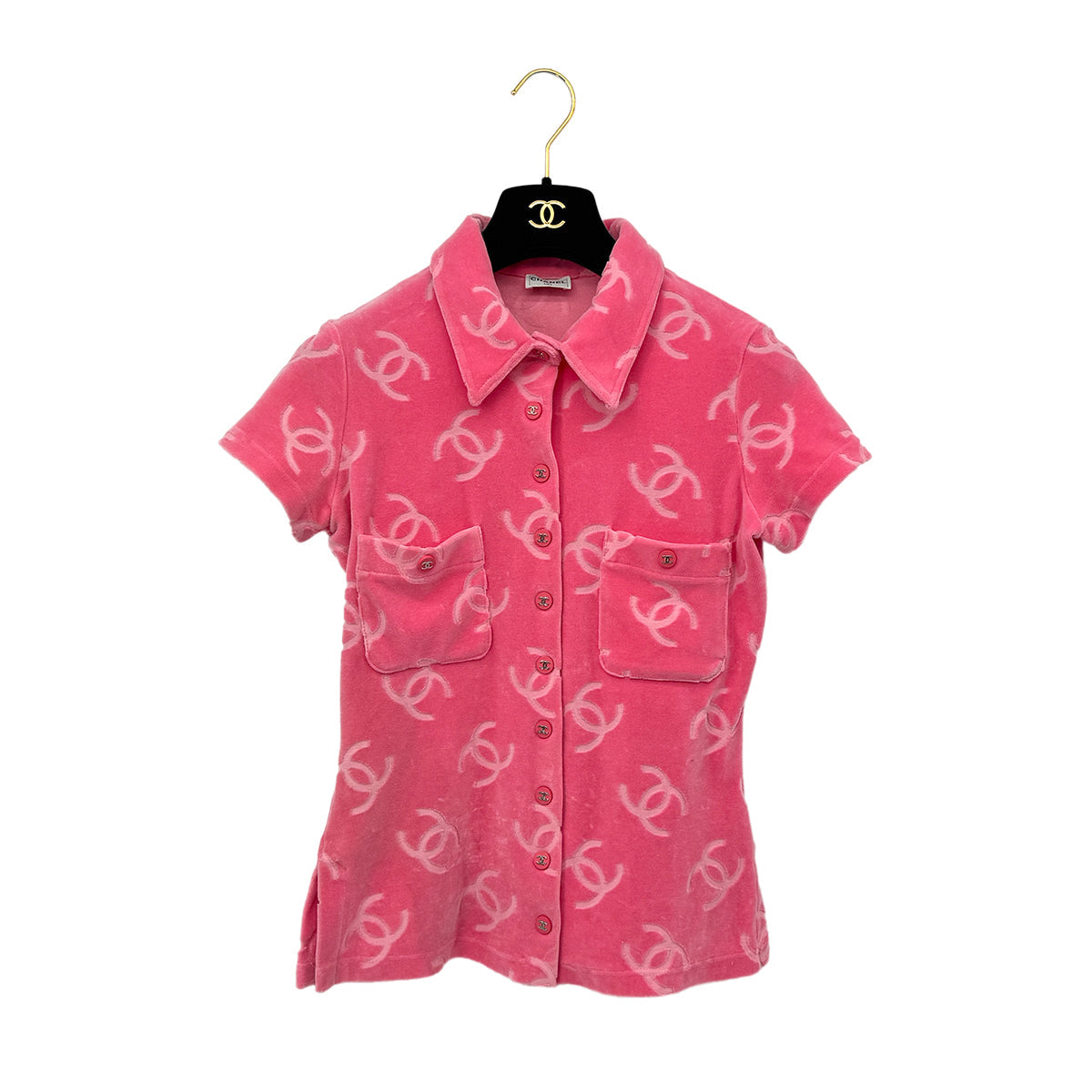 Luxury Promise Japan CHANEL VINTAGE COCOMARK VELOR SHORT SLEEVE TOPS COCO BUTTON PINK COTTON RTW 90295133