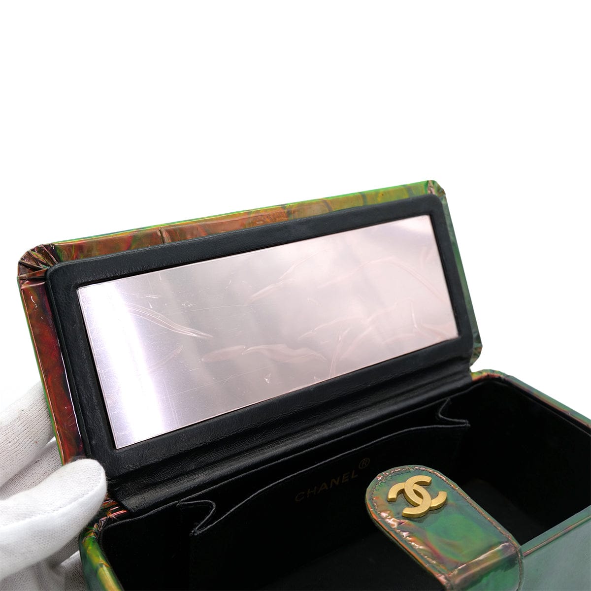 Luxury Promise Japan CHANEL VINTAGE COIN PATTERN HAND BAG GREEN ENAMEL 90296125