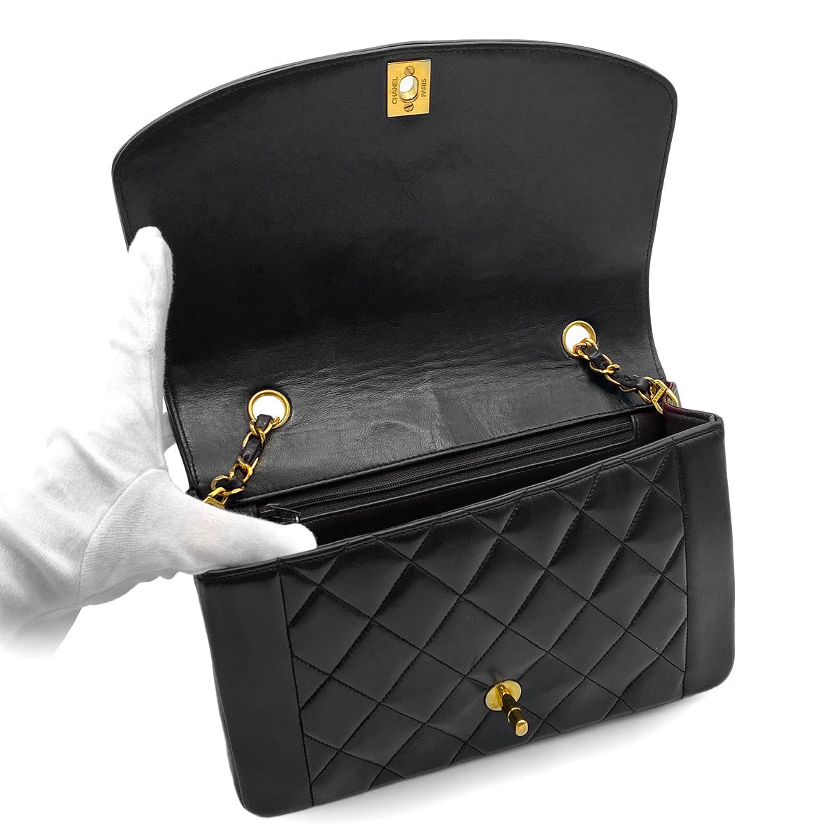 Luxury Promise Japan CHANEL VINTAGE DIANA MEDIUM CHAIN SHOULDER BAG BLACK LAMB SKIN 90265886