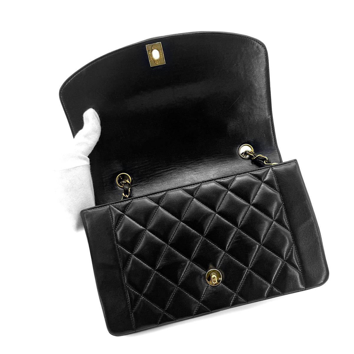 Luxury Promise Japan CHANEL VINTAGE DIANA MEDIUM CHAIN SHOULDER BAG BLACK LAMB SKIN 90268321