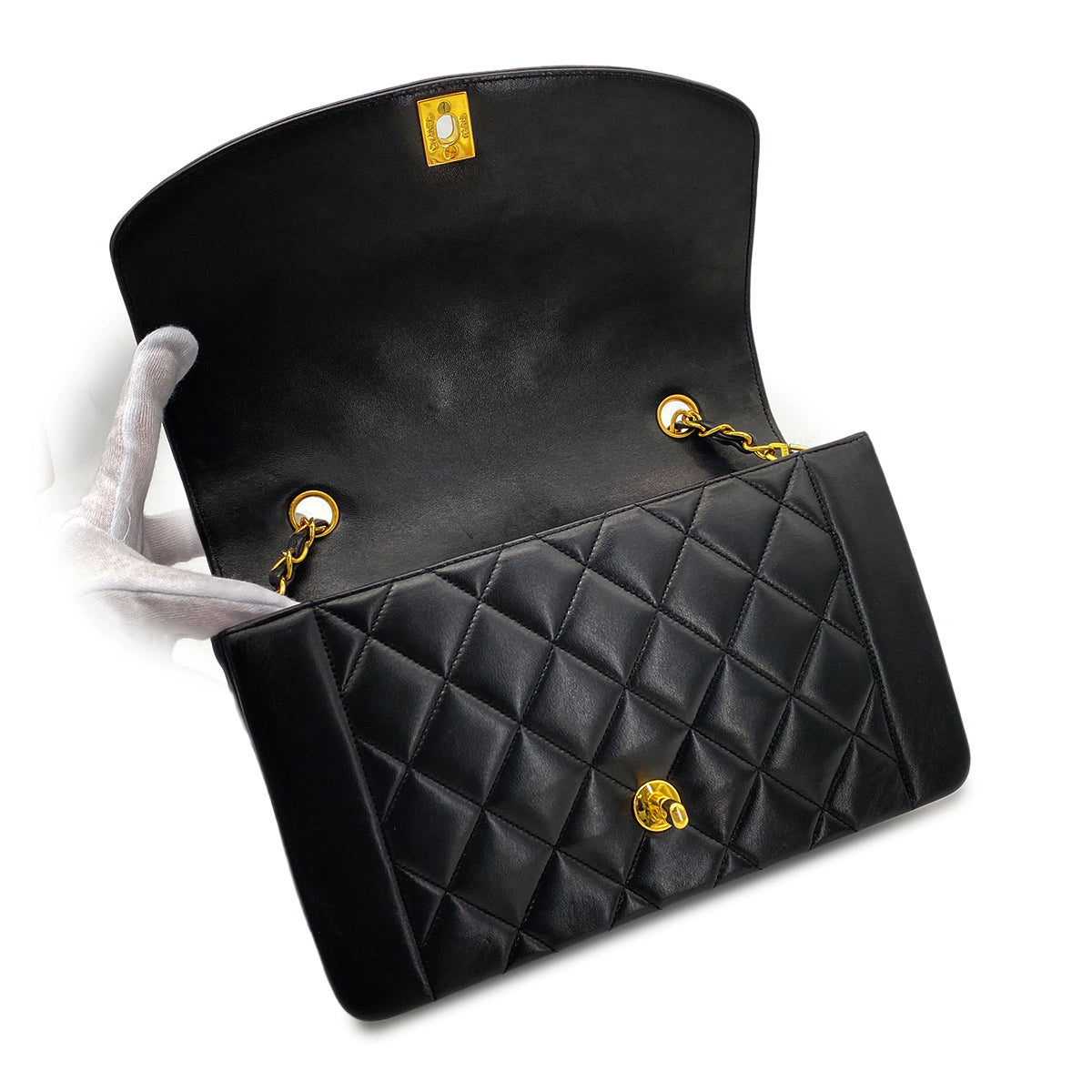 Luxury Promise Japan CHANEL VINTAGE DIANA MEDIUM CHAIN SHOULDER BAG BLACK LAMB SKIN 90268861