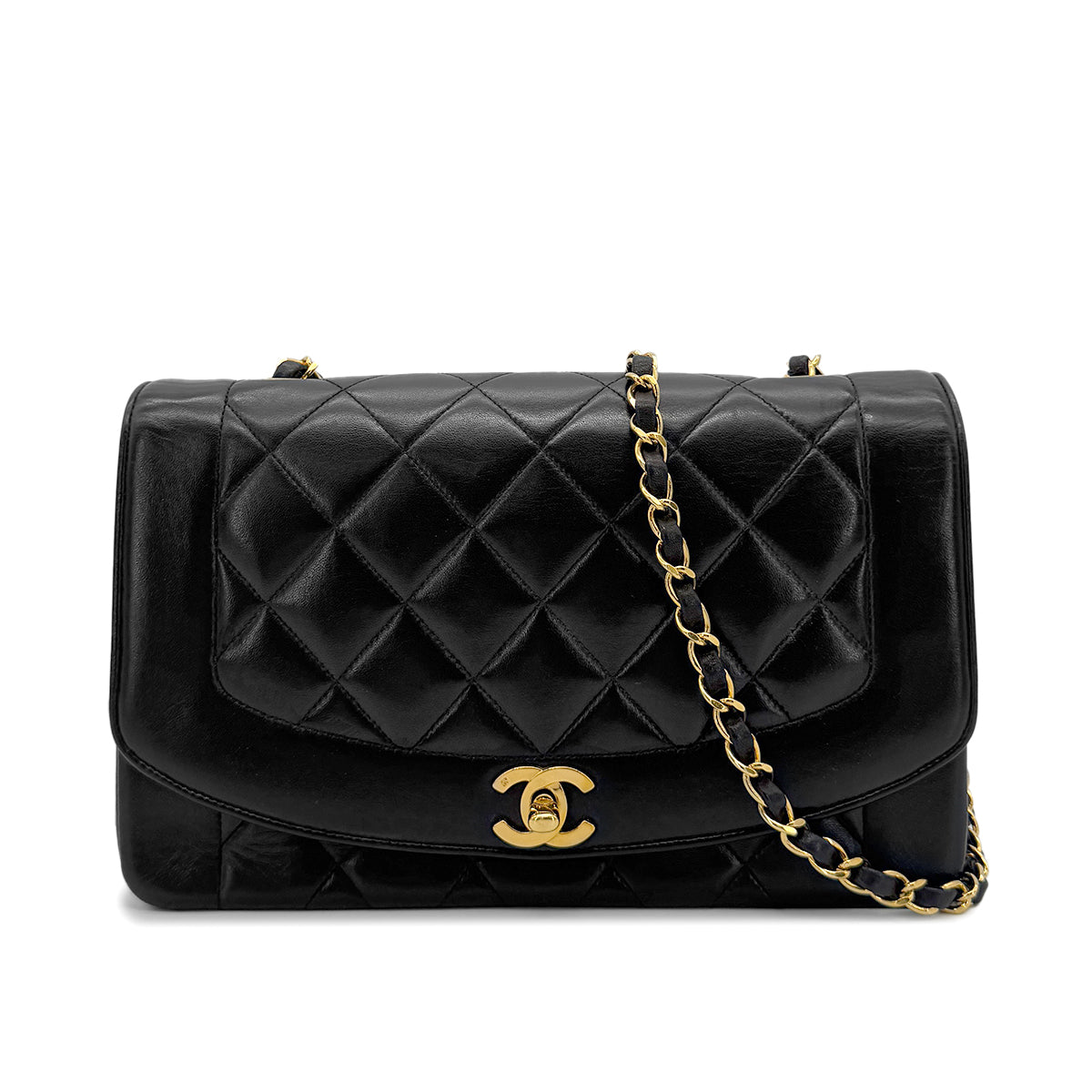 Luxury Promise Japan CHANEL VINTAGE DIANA MEDIUM CHAIN SHOULDER BAG BLACK LAMB SKIN 90272490