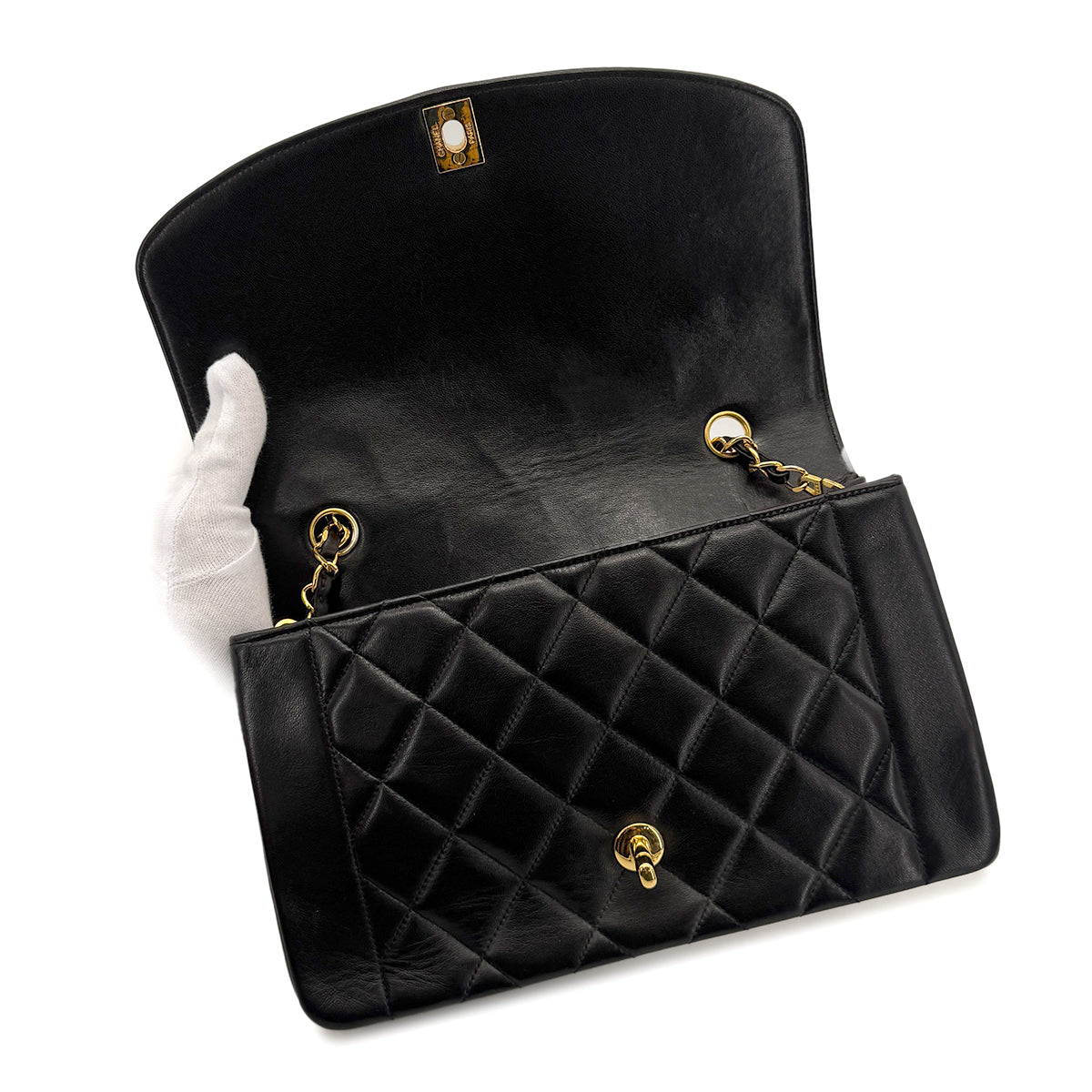 Luxury Promise Japan CHANEL VINTAGE DIANA MEDIUM CHAIN SHOULDER BAG BLACK LAMB SKIN 90272490