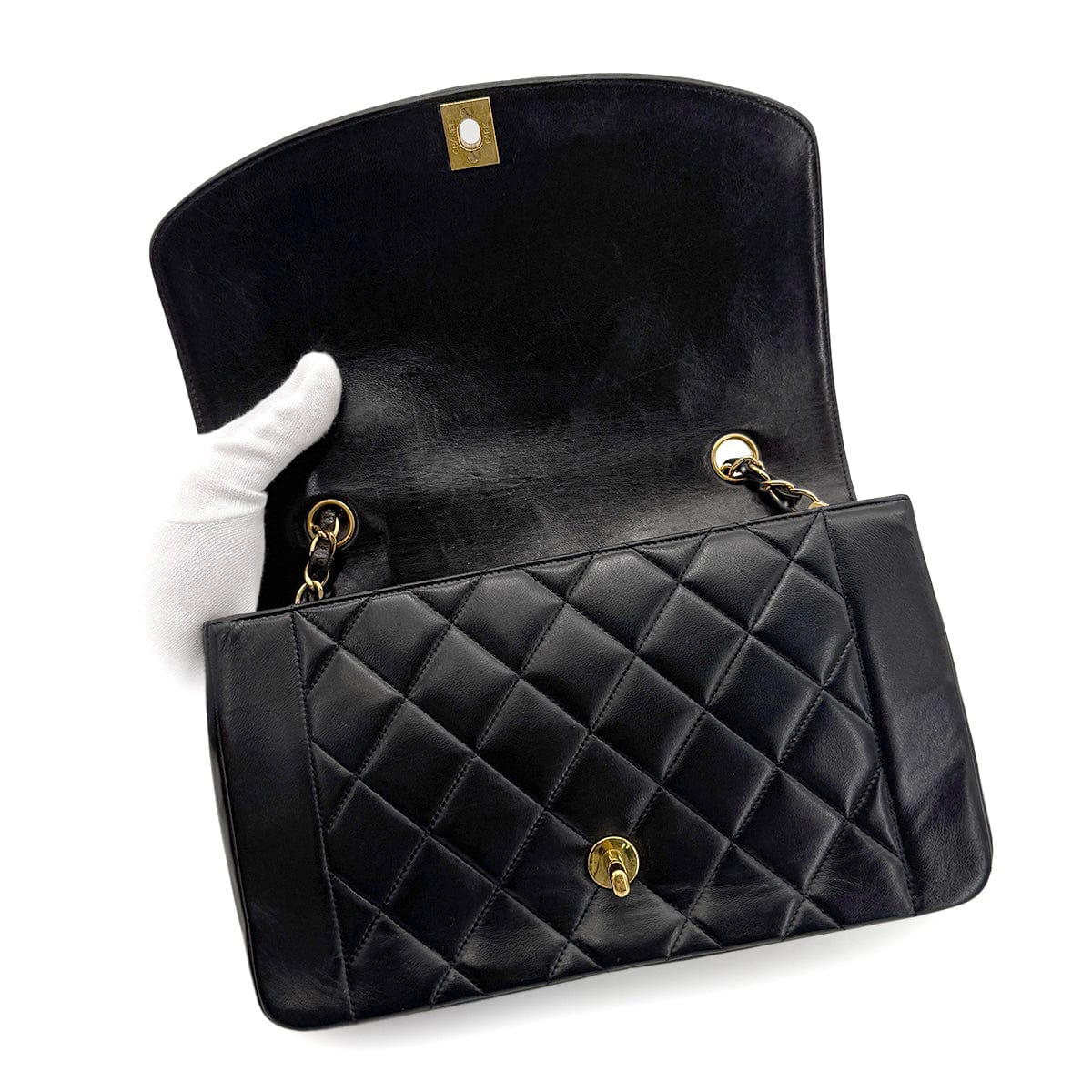 Luxury Promise Japan CHANEL VINTAGE DIANA MEDIUM CHAIN SHOULDER BAG BLACK LAMB SKIN 90272514