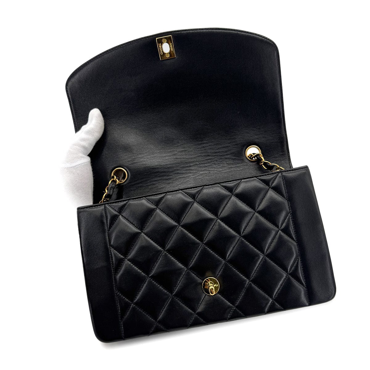 Luxury Promise Japan CHANEL VINTAGE DIANA MEDIUM CHAIN SHOULDER BAG BLACK LAMB SKIN 90279812