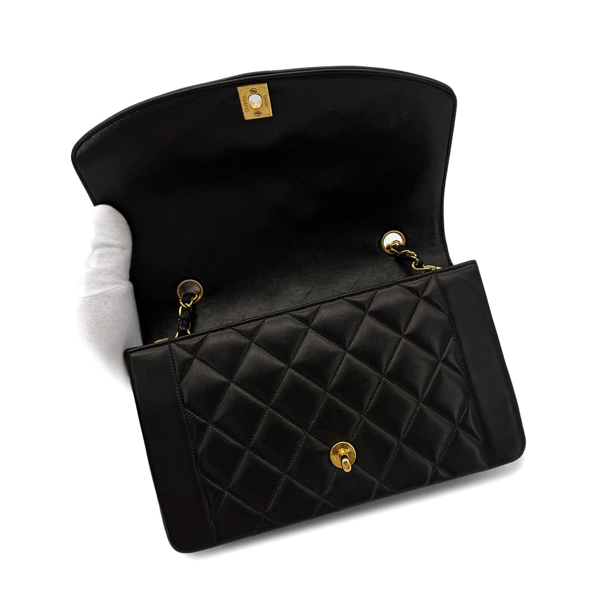 Luxury Promise Japan CHANEL VINTAGE DIANA MEDIUM CHAIN SHOULDER BAG BLACK LAMB SKIN 90292819