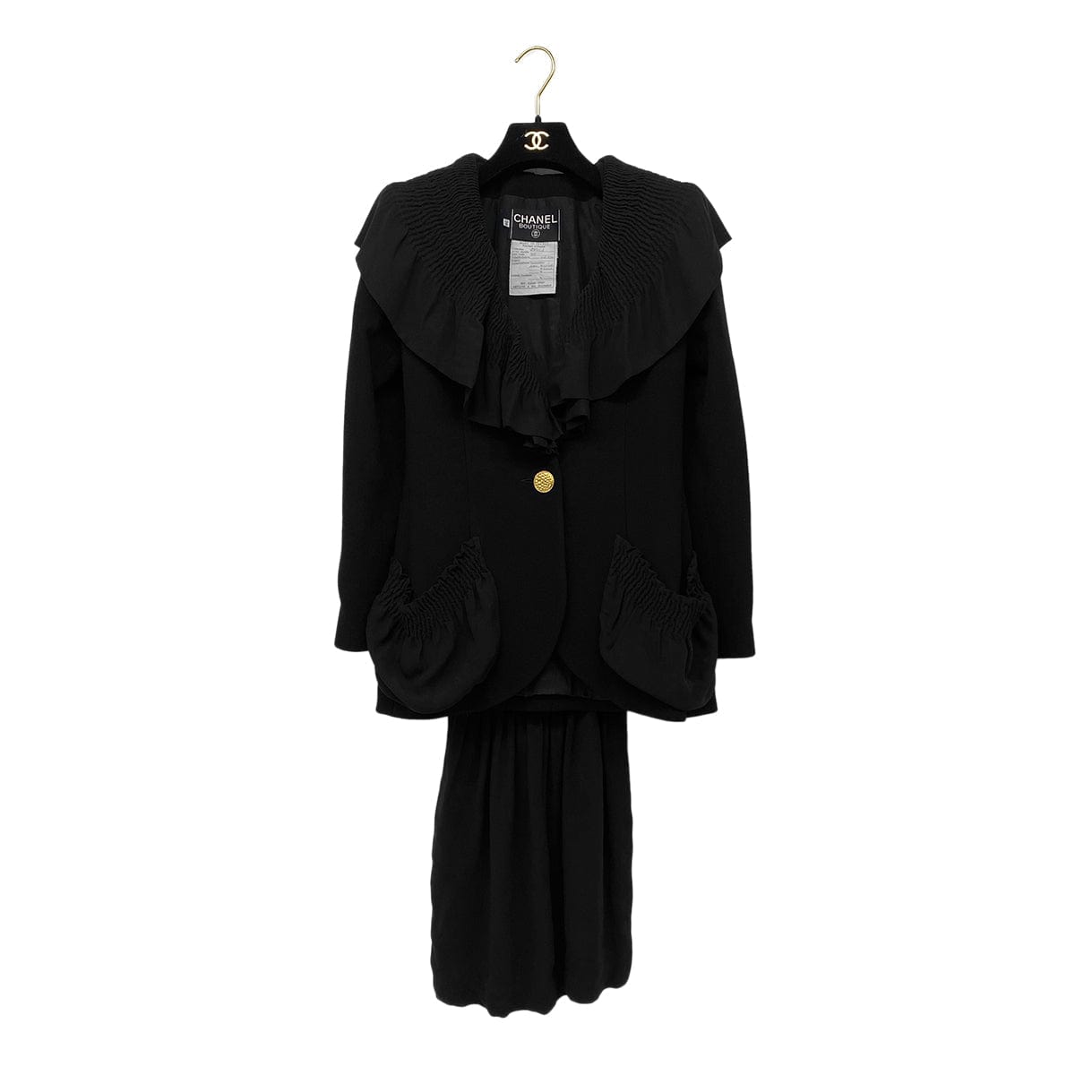Luxury Promise Japan CHANEL VINTAGE JACKET CORSET DRESS SET GOLD BUTTON BLACK WOOL 38 RTW 90287484