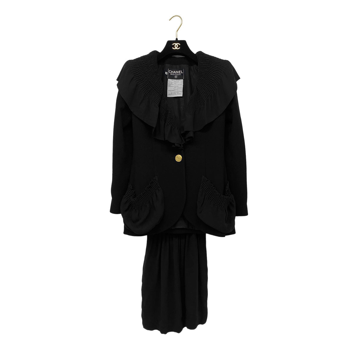 Luxury Promise Japan CHANEL VINTAGE JACKET CORSET DRESS SET GOLD BUTTON BLACK WOOL 38 RTW 90287484