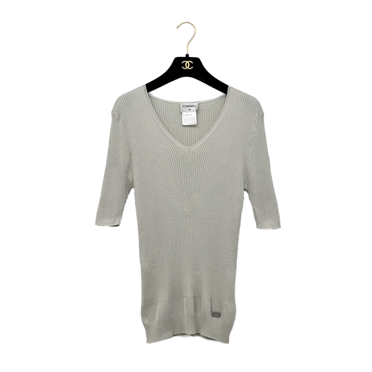 Luxury Promise Japan CHANEL VINTAGE KNIT SHORT SLEEVE TOPS LOGO GRAY SILK 44 99P RTW 90293287