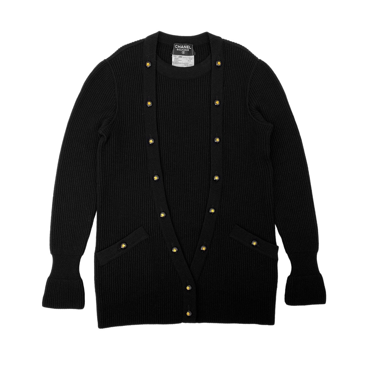 Luxury Promise Japan CHANEL VINTAGE KNIT TOPS SKIRT SET CLOVER BUTTON BLACK WOOL 38  RTW 90283151