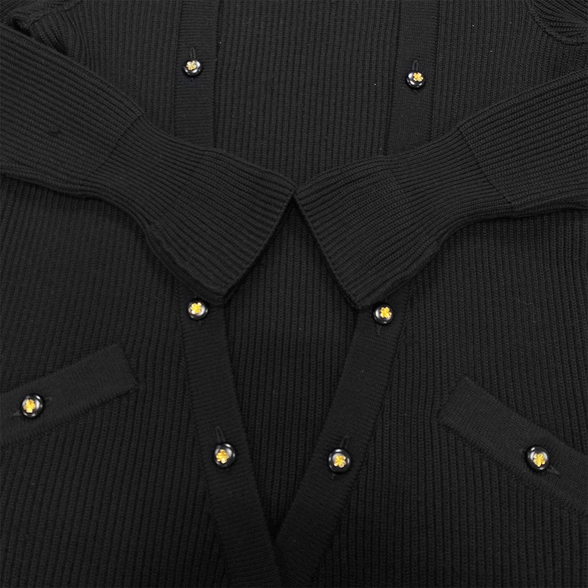 Luxury Promise Japan CHANEL VINTAGE KNIT TOPS SKIRT SET CLOVER BUTTON BLACK WOOL 38  RTW 90283151