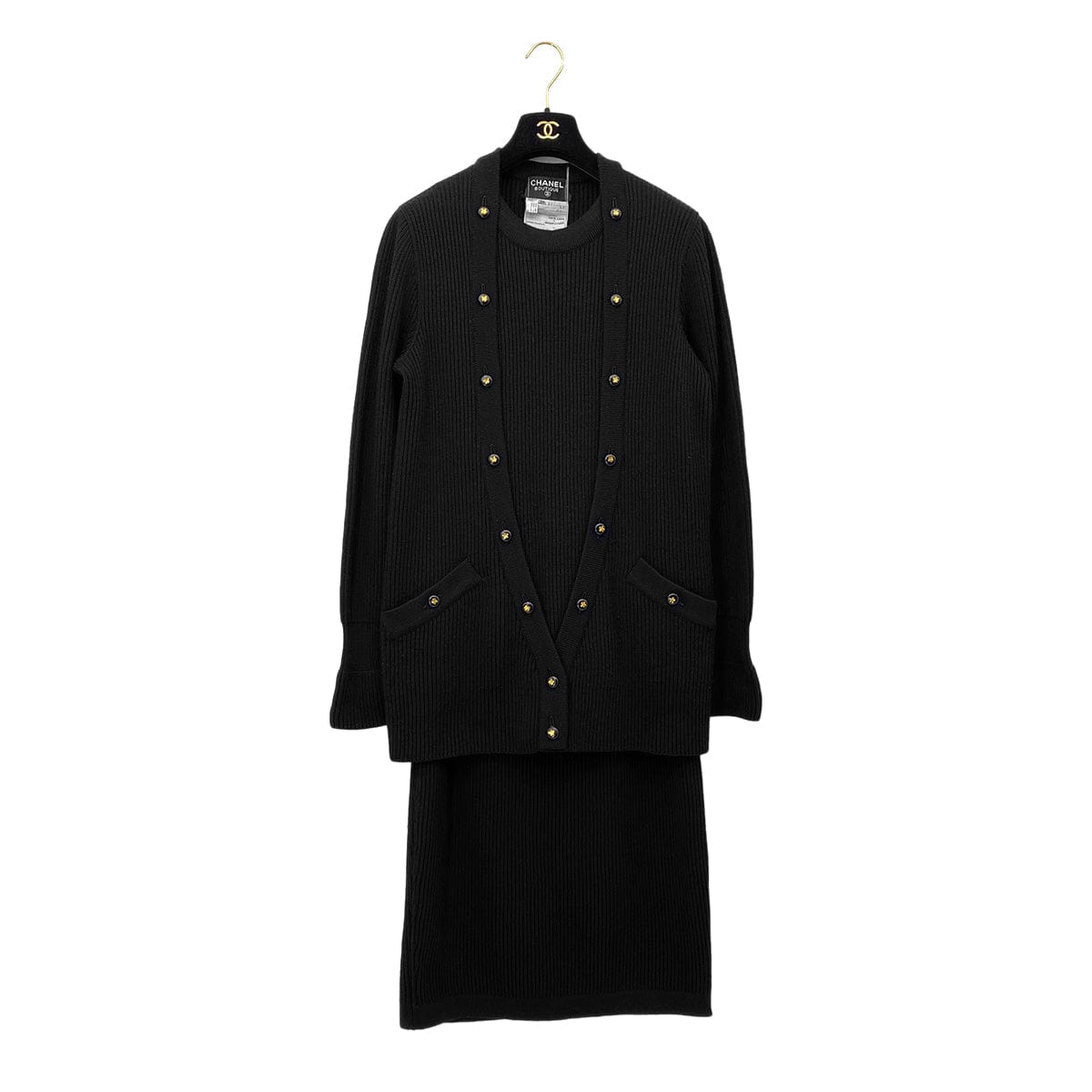 Luxury Promise Japan CHANEL VINTAGE KNIT TOPS SKIRT SET CLOVER BUTTON BLACK WOOL 38  RTW 90283151