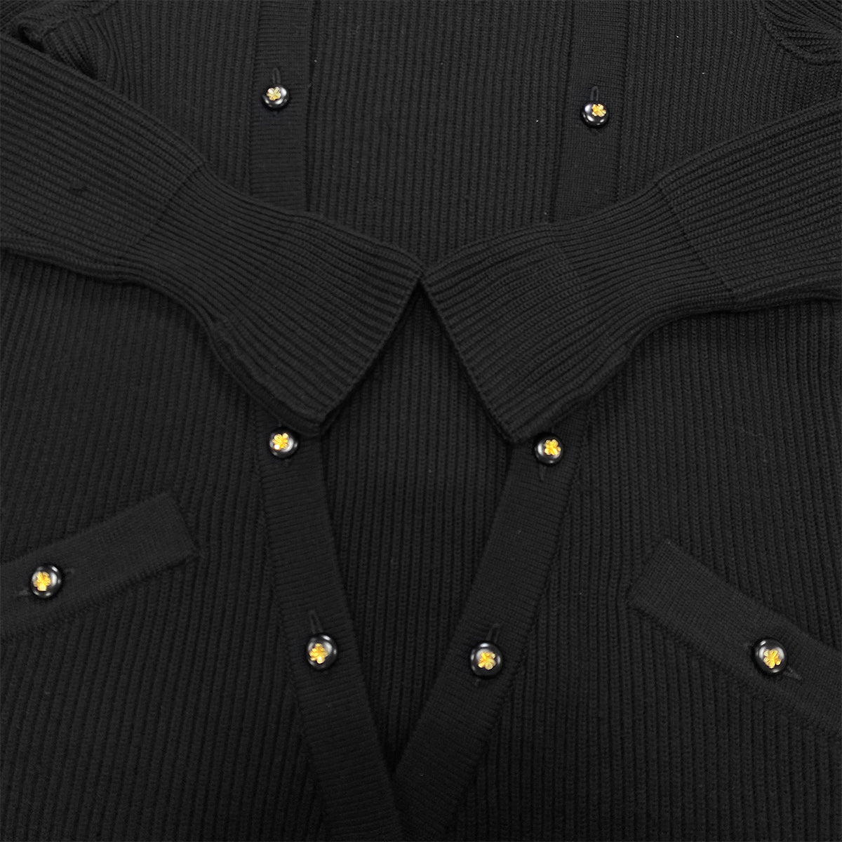 Luxury Promise Japan CHANEL VINTAGE KNIT TOPS SKIRT SET CLOVER BUTTON BLACK WOOL 38  RTW 90283151